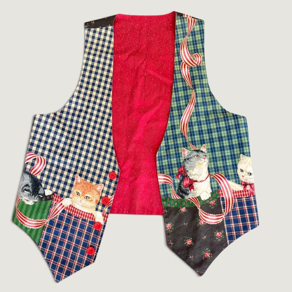 Vintage Custom Made Quirky Cat Mom Patchwork Print Womens Vest Multi Color 90s